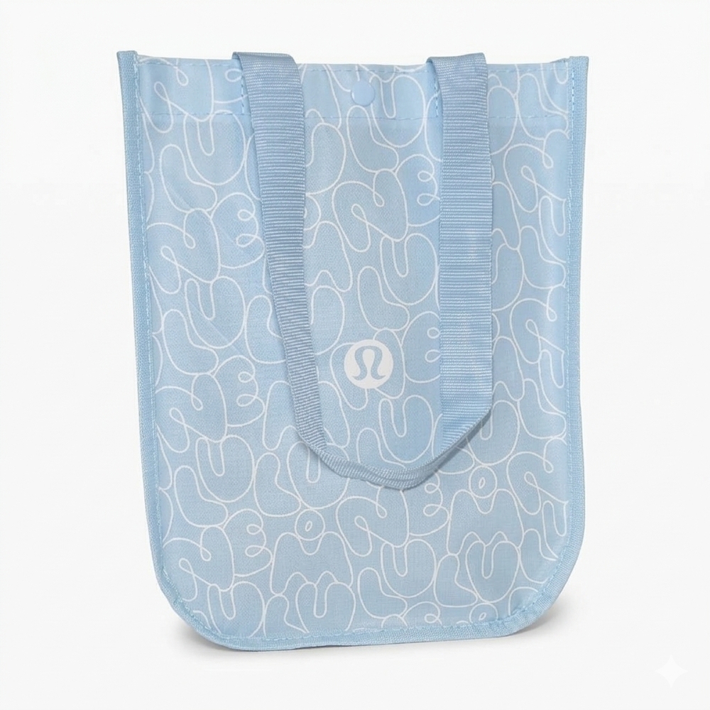 Lululemon Pastel Blue Doodle Print Reusable Shopper Tote Bag Small Snap Button